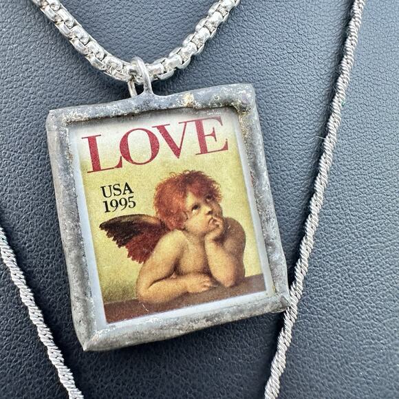 Romantic Vintage Layered Necklace Stack Cherub Rose Red Rhinestone Heart Silver - Picture 3 of 5